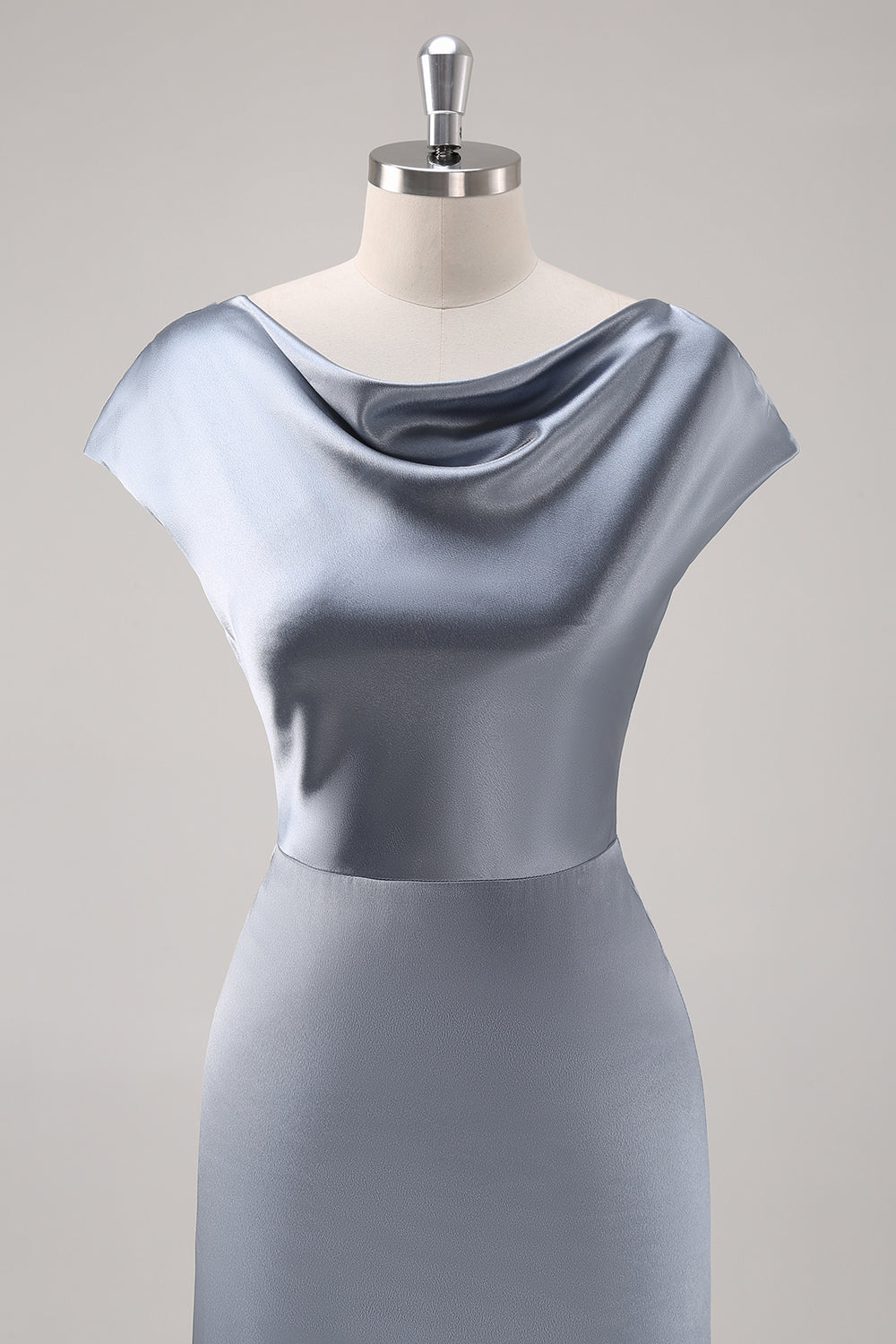Grey Blue Satin Cowl Collar Maxi Bridesmaid Dress