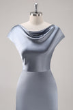 Grey Blue Satin Cowl Collar Maxi Bridesmaid Dress