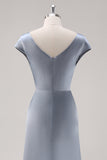 Grey Blue Satin Cowl Collar Maxi Bridesmaid Dress