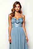 A Line Dusty Blue Chiffon High Waist Wedding Guest Dress with Ruffles