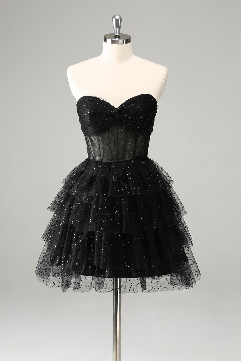 Sparkly Cute A Line Black Sweetheart Tiered Corset Prom Dress