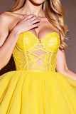 Sweetheart Corset Yellow Tulle Short Prom Dress with Lace