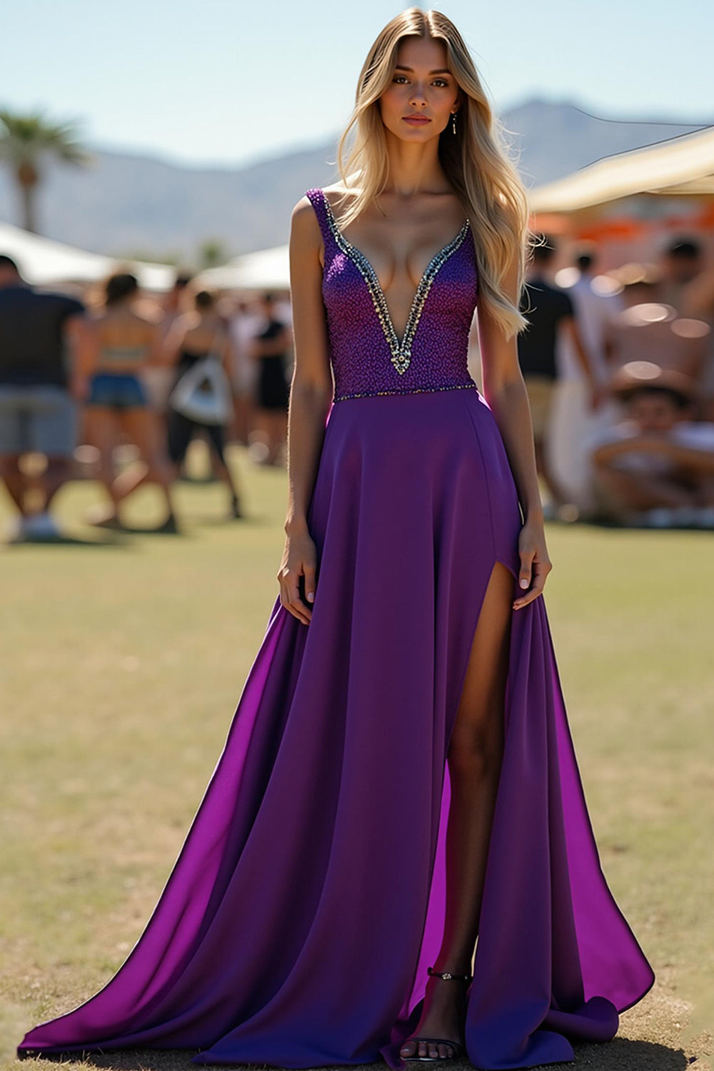 V Neck Dark Purple Beaded Long Formal Dress with Slit