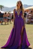 V Neck Dark Purple Beaded Long Formal Dress with Slit