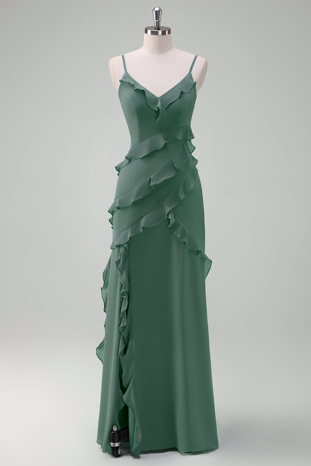 Eucalyptus Spaghetti Straps Ruffled Sheath Chiffon Bridesmaid Dress