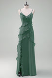 Eucalyptus Spaghetti Straps Ruffled Sheath Chiffon Bridesmaid Dress
