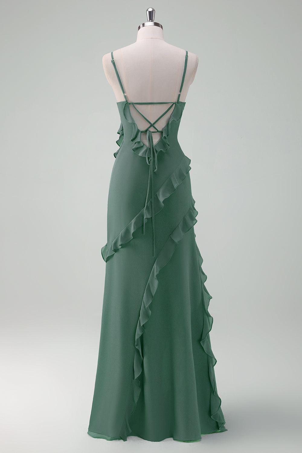 Eucalyptus Spaghetti Straps Ruffled Sheath Chiffon Bridesmaid Dress