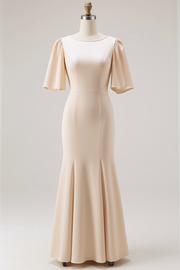 Mermaid Champagne Satin Long Bridesmaid Dress with Sleeves