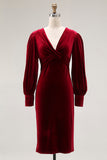 Cabernet Midi Velvet Sheath V-Neck Formal Dress with Sleeves