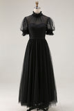 Black Long  High Neck A Line Evening Party Dress with Sleeves