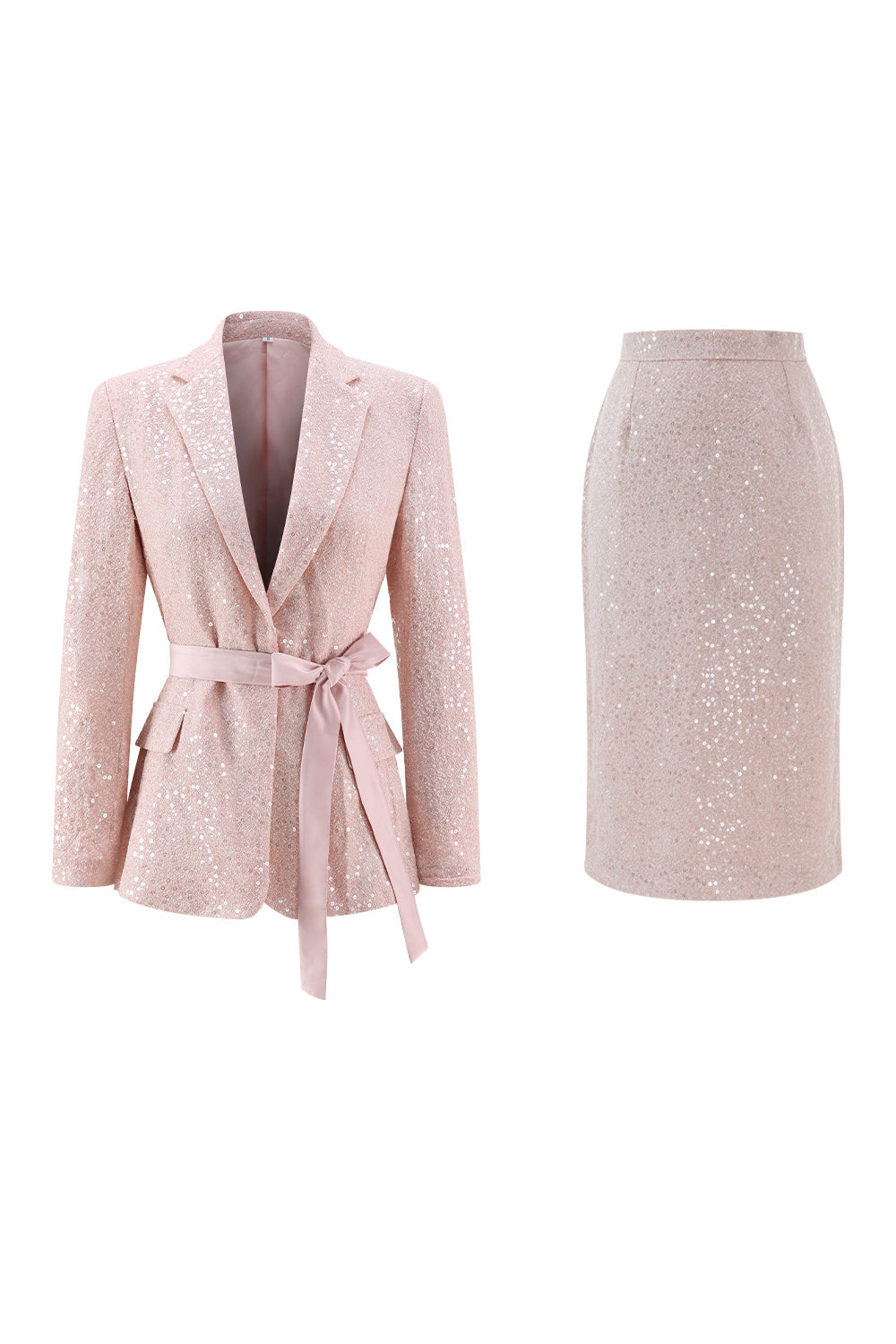 Sparkly Sequin Pink 2 Piece Pencil Midi Prom Suits with Sash