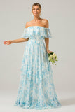 White Blue Flower A Line Pleated Convertible Floral Bridesmaid Dress