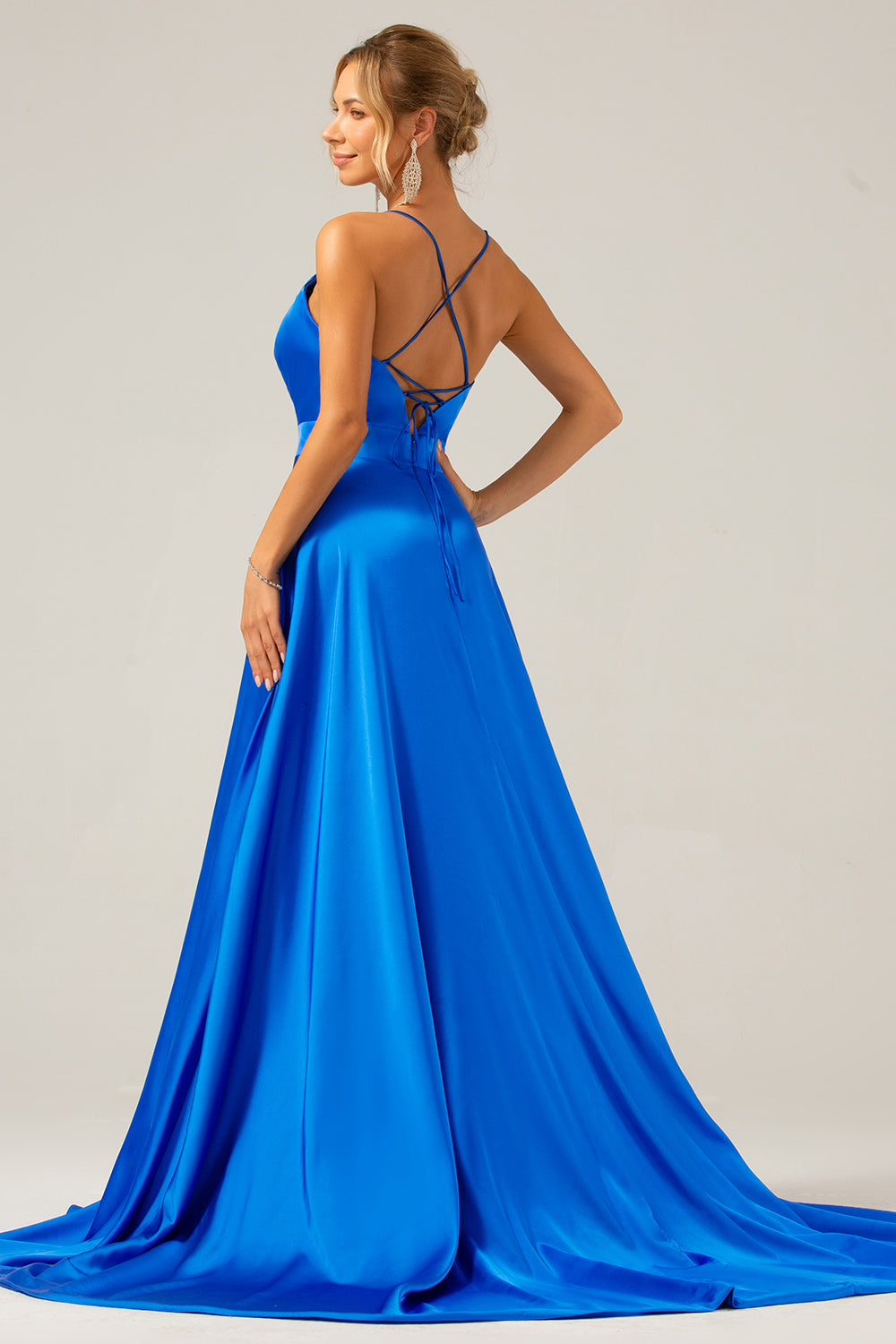 Royal Blue A Line Spaghetti Straps Satin Prom Dress with Slit