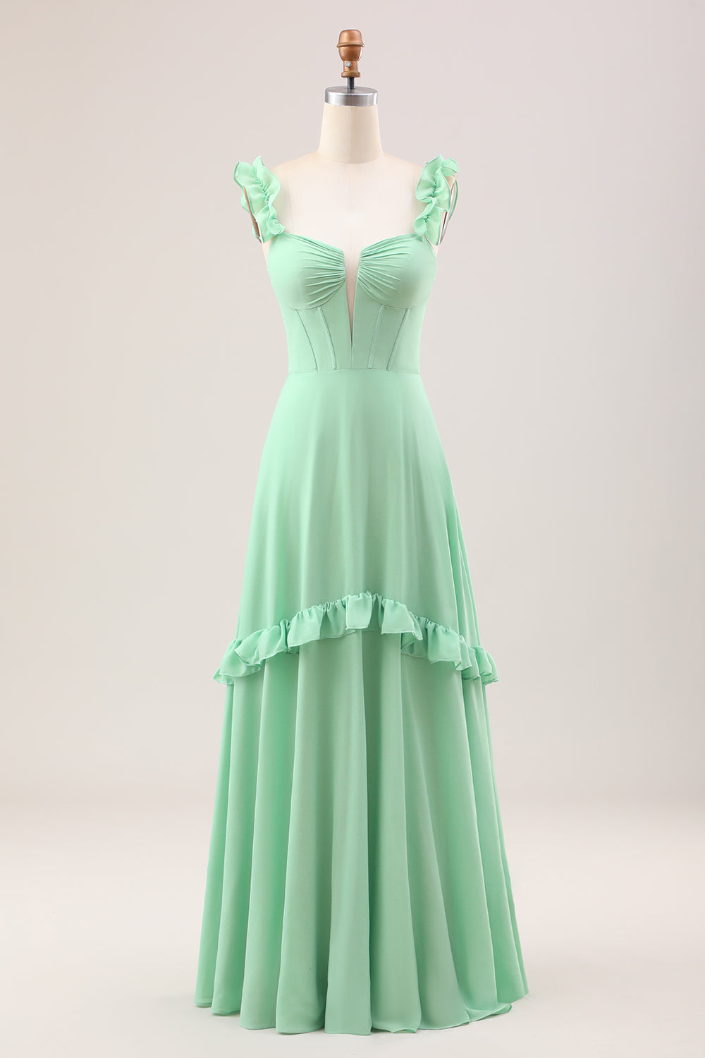 Spaghetti Straps Green Corset A Line Long Bridesmaid Dress