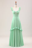 Spaghetti Straps Green Corset A Line Long Bridesmaid Dress