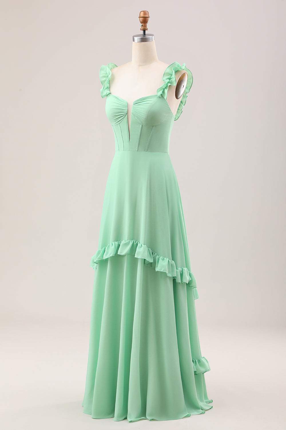 Spaghetti Straps Green Corset A Line Long Bridesmaid Dress