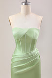 Green Strapless Corset Satin Bridesmaid Dress with Slit