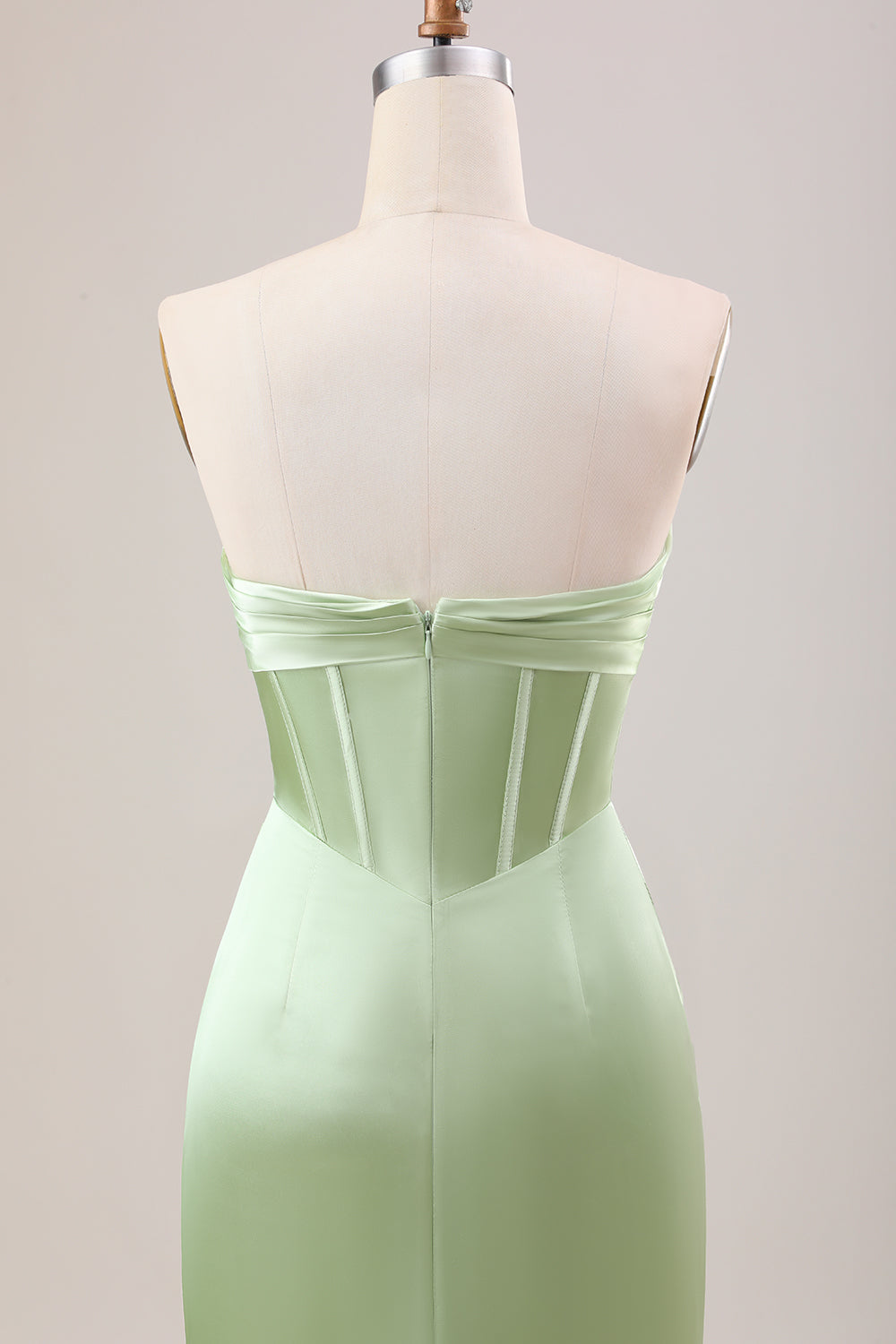 Green Strapless Corset Satin Bridesmaid Dress with Slit