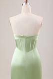 Green Strapless Corset Satin Bridesmaid Dress with Slit