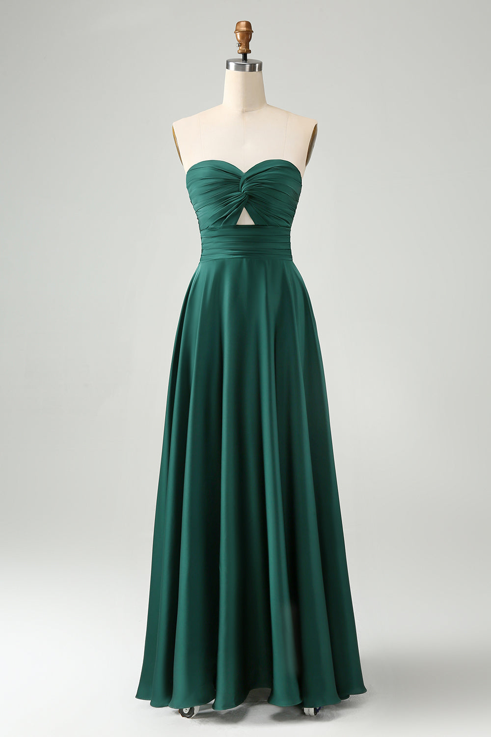 Dark Green Strapless Pleated A Line Satin Long Bridesmaid Dress