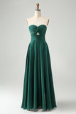 Dark Green Strapless Pleated A Line Satin Long Bridesmaid Dress