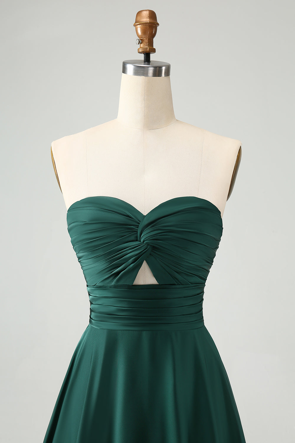 Dark Green Strapless Pleated A Line Satin Long Bridesmaid Dress