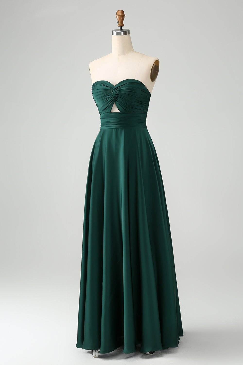 Dark Green Strapless Pleated A Line Satin Long Bridesmaid Dress