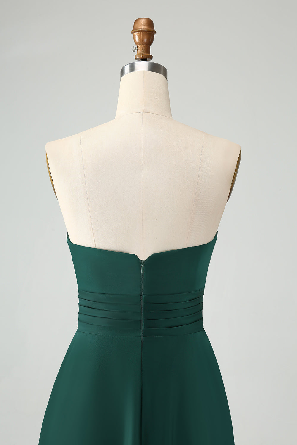 Dark Green Strapless Pleated A Line Satin Long Bridesmaid Dress