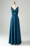 Ink Blue V Neck Pleated Hollow Out Satin Bridesmaid Dress