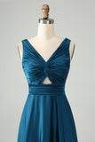 Ink Blue V Neck Pleated Hollow Out Satin Bridesmaid Dress