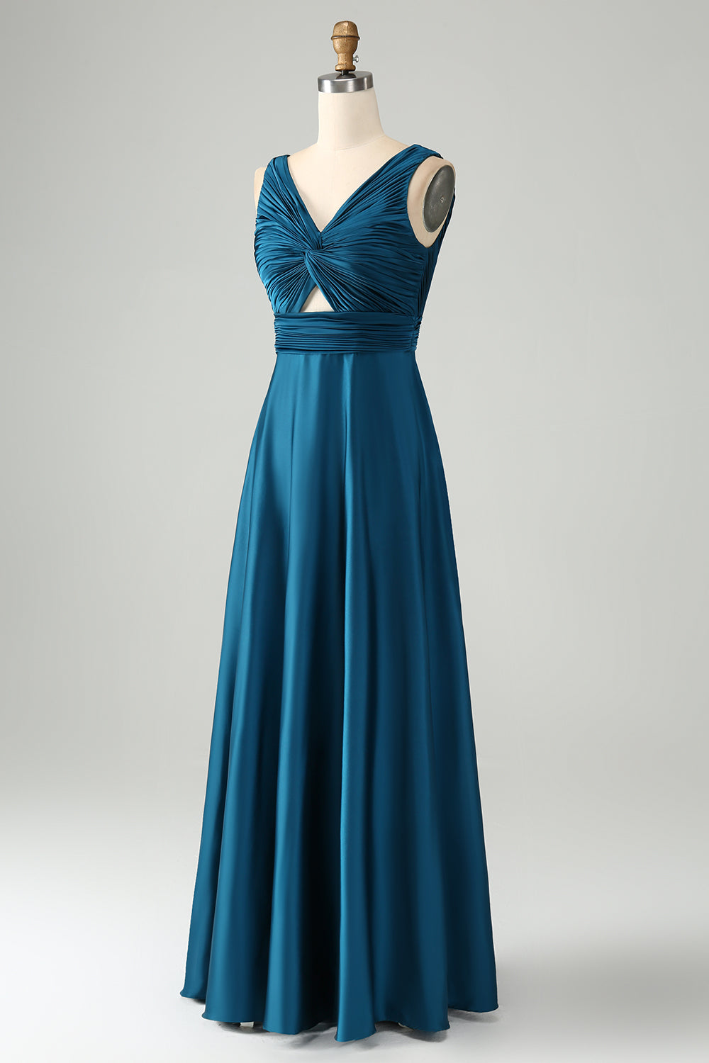 Ink Blue V Neck Pleated Hollow Out Satin Bridesmaid Dress