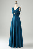 Ink Blue V Neck Pleated Hollow Out Satin Bridesmaid Dress