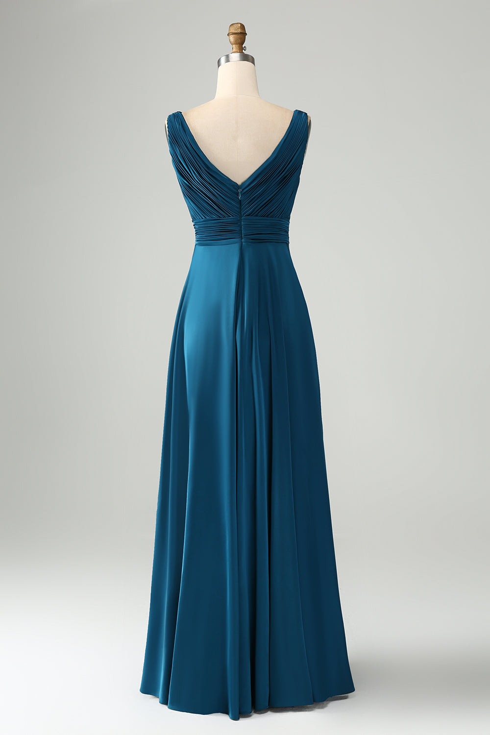 Ink Blue V Neck Pleated Hollow Out Satin Bridesmaid Dress