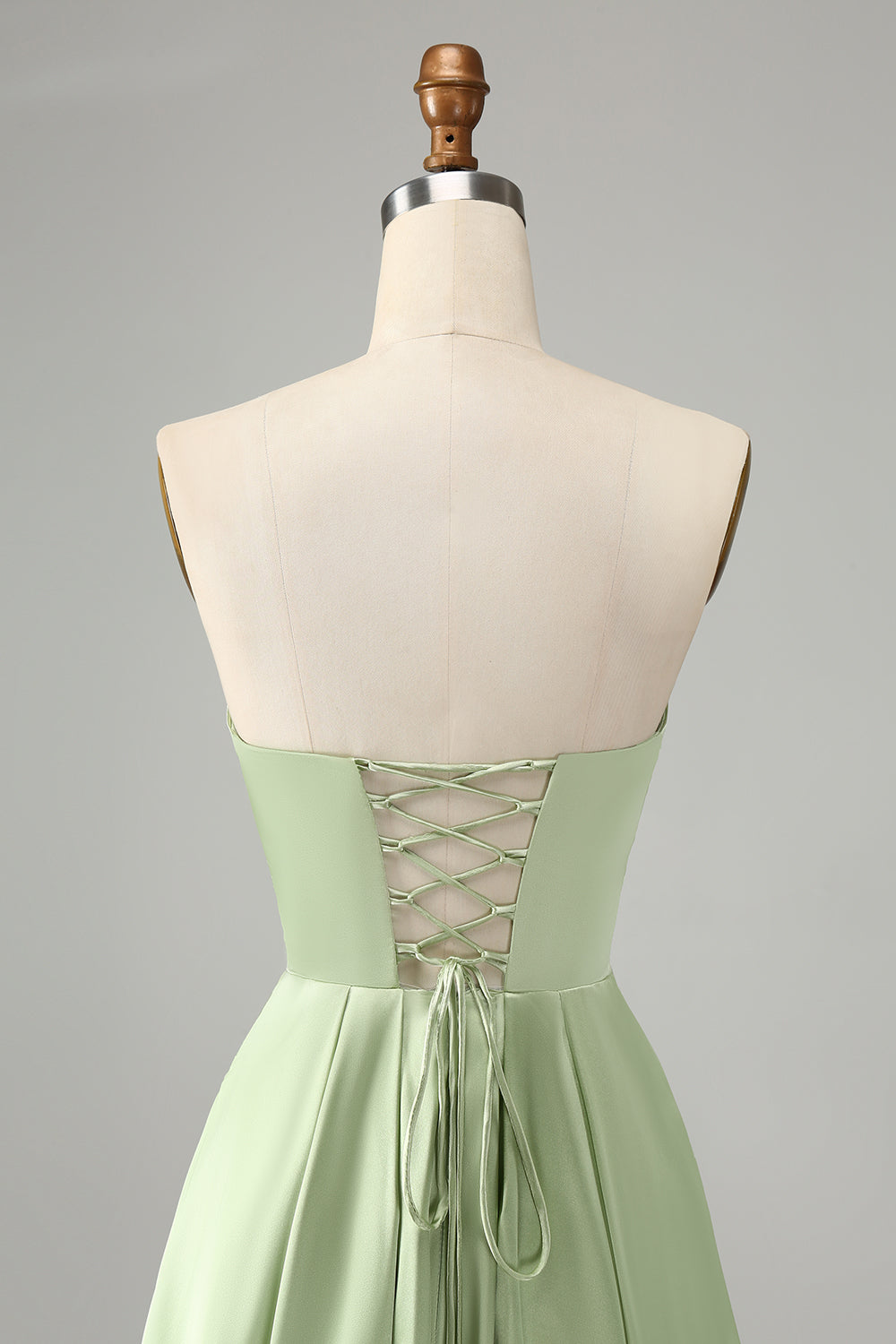 Green Satin A Line Lace Up Bridesmaid Dress with Slit