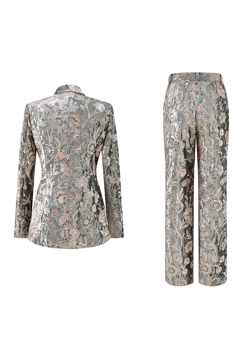 Sparkly Grey Peak Lapel 2 Piece Floral Women Prom Suits with Sequins