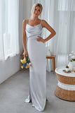 Silver Cowl Neck Satin Long Bridesmaid Dress With Side Slit