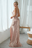 Blush Pink Mermaid Sequined Long Bridesmaid Dress With Side Slit