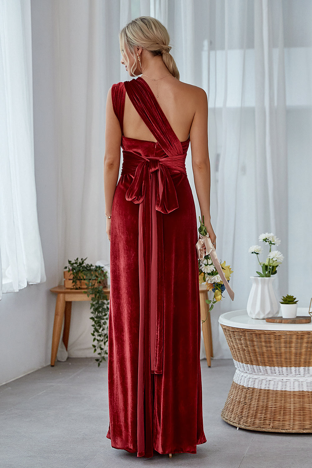 Burgundy A-Line Convertible Velvet Long Bridesmaid Dress