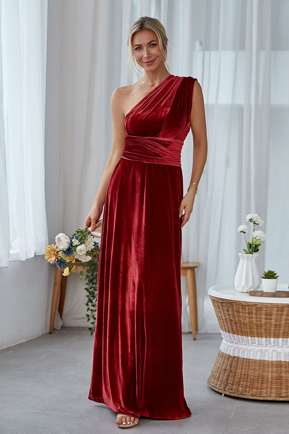 Burgundy A-Line Convertible Velvet Long Bridesmaid Dress