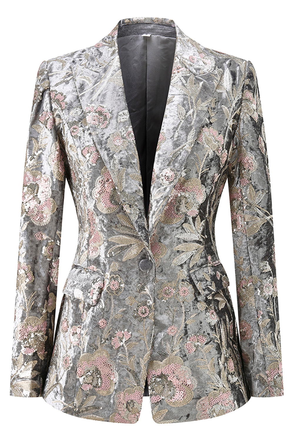 Sparkly Grey Peak Lapel 2 Piece Floral Women Prom Suits with Sequins