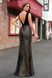 Black V Neck Embroidered Backless Mermaid Dress