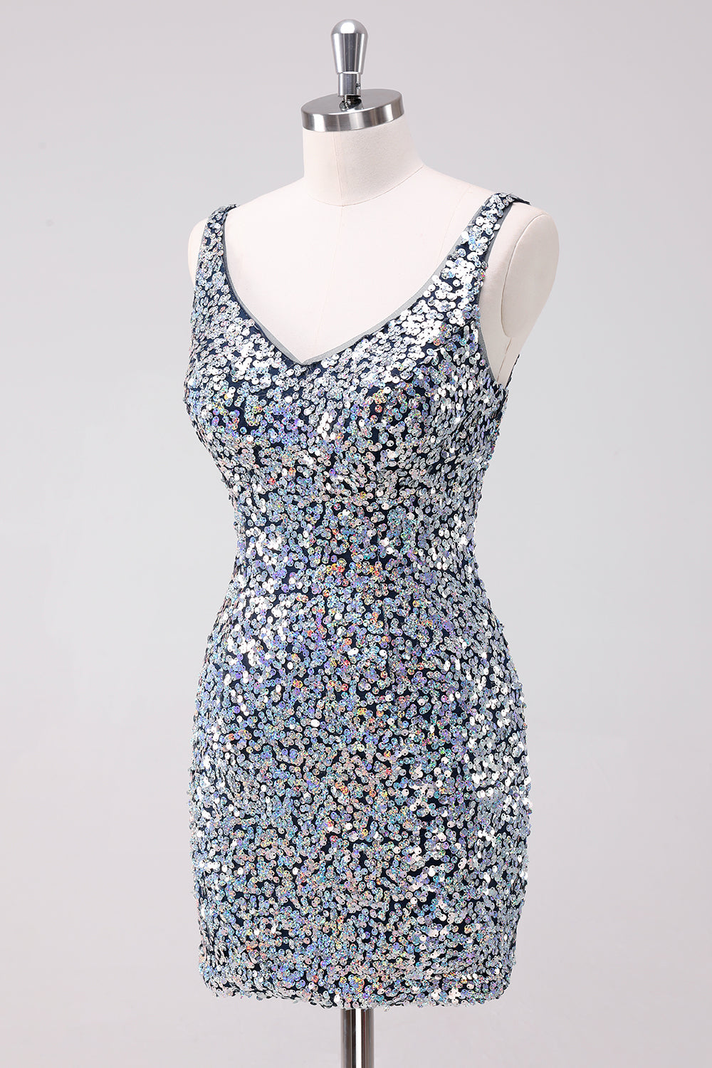 Sparkly Silver Bodycon V-Neck Short Prom Dress with Sequins