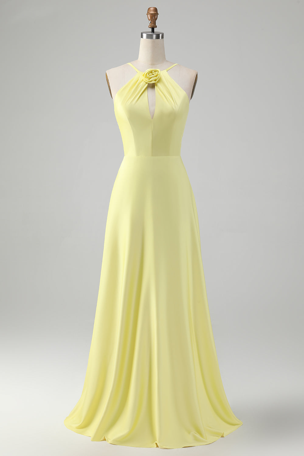 Terracotta Halter Keyhole Backless A Line Bridesmaid Dress with Flower