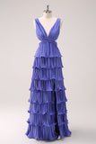 Purple V-Neck Tiered Pleated A-Line Bridesmaid Dress with Slit