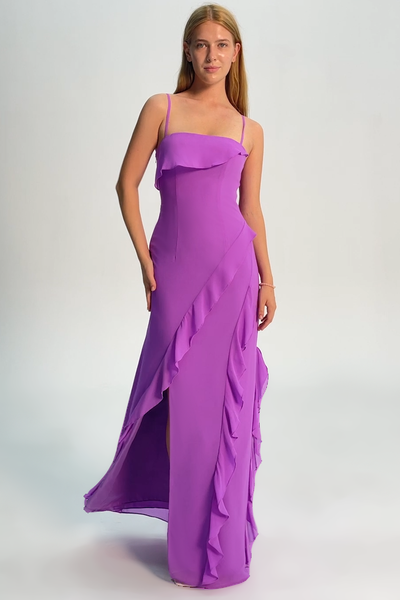 Tahiti Spaghetti Straps Chiffon Long Bridesmaid Dress with Ruffles
