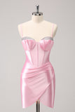 Sparkly Pink Spaghetti Straps Tight Prom Dress with Beading