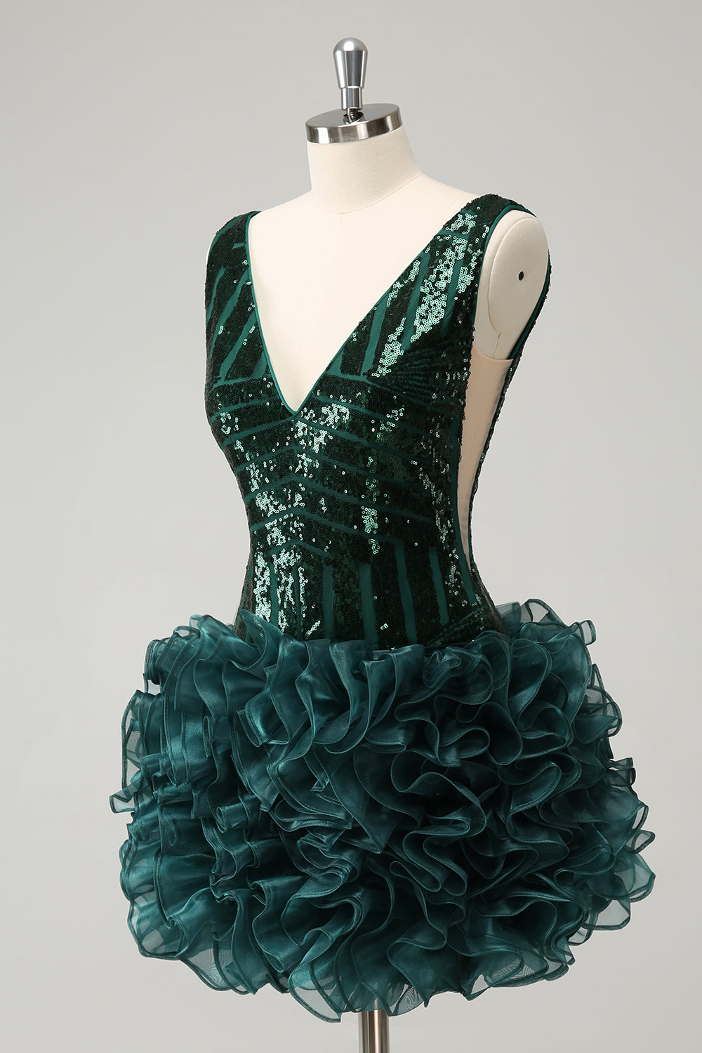 Sparkly Navy V Neck Sequins Prom Dress with Detachable Ruffles