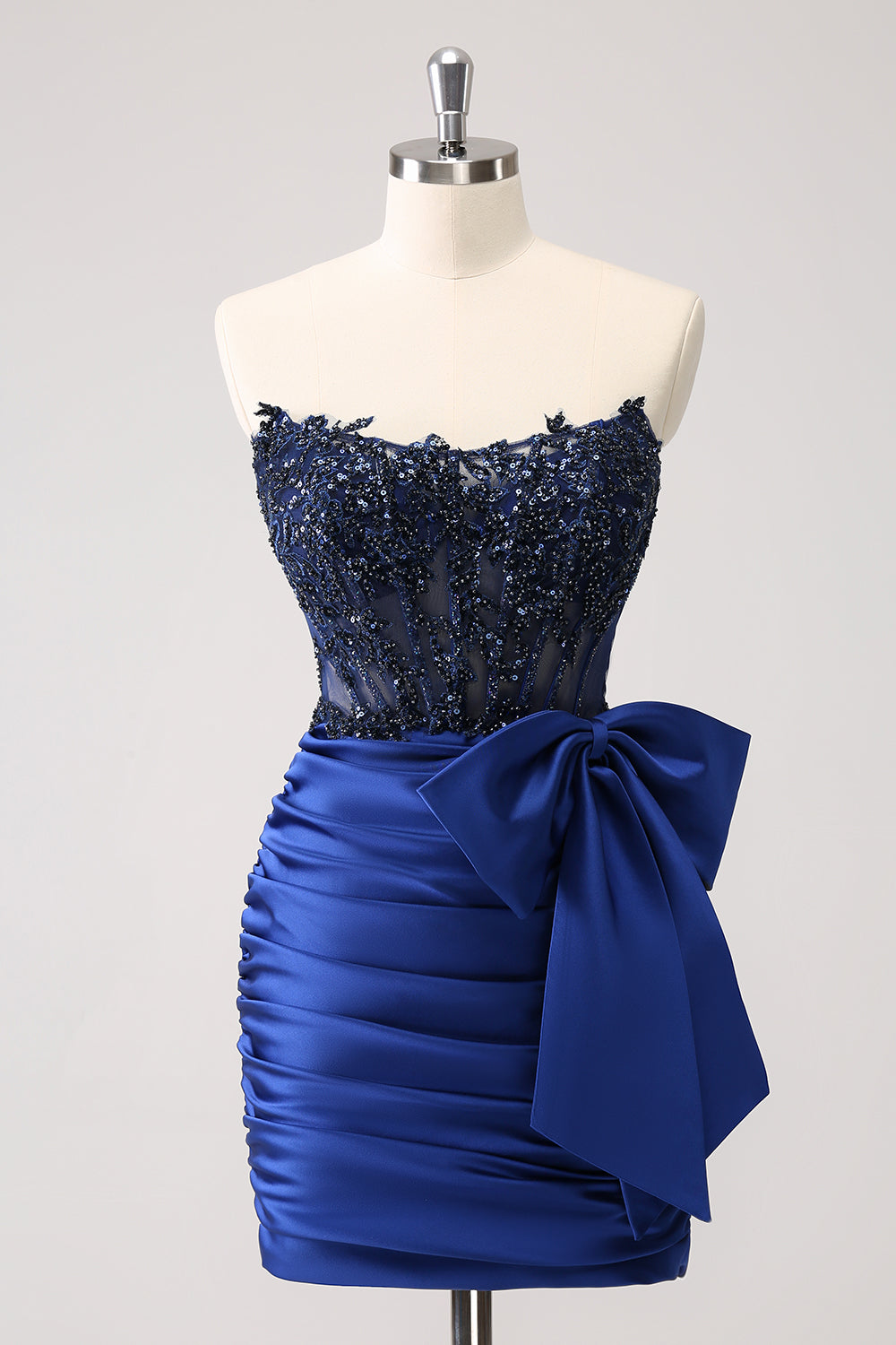 Sparkly Navy Strapless Beaded Appliques Tight Prom Dress