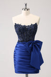 Sparkly Navy Strapless Beaded Appliques Tight Prom Dress