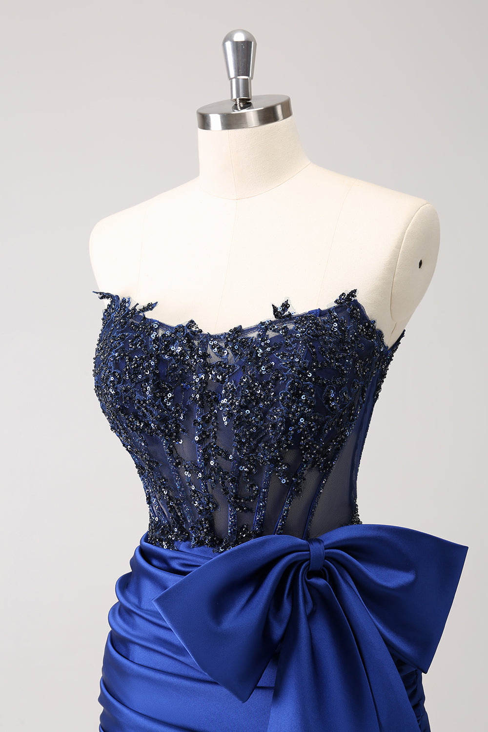 Sparkly Navy Strapless Beaded Appliques Tight Prom Dress